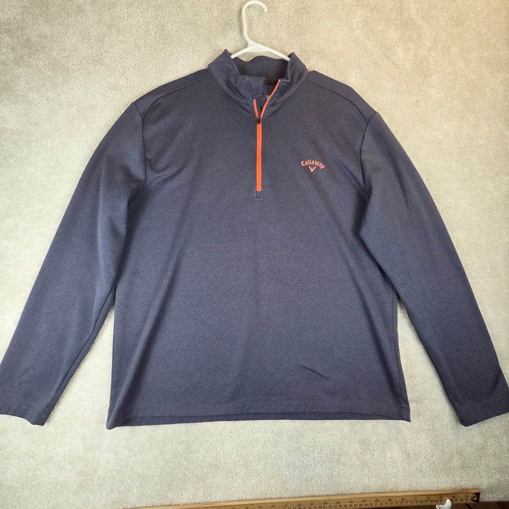 Callaway Mens XL Quarter Zip Pullover Blue Orange Waffle Fleece Golf Sweater